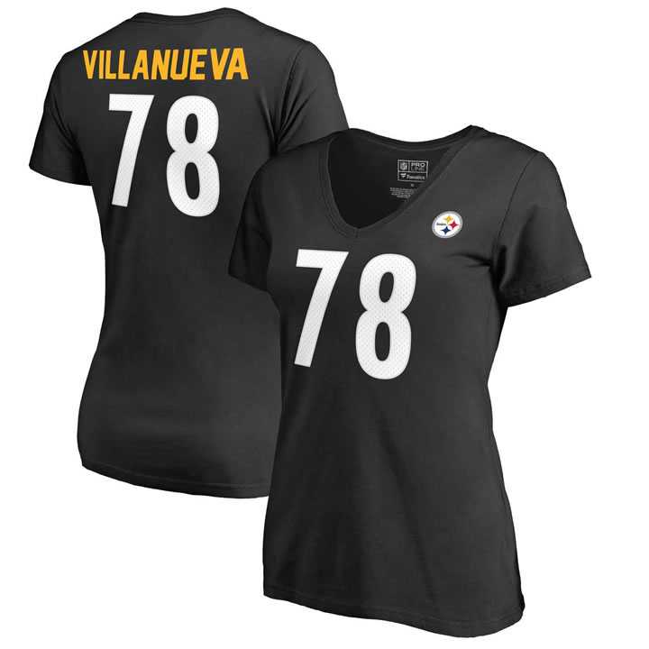 Women Pittsburgh Steelers 78 Alejandro Villanueva NFL Pro Line by Fanatics Branded Black Authentic Stack Name Number V Neck T Shirt